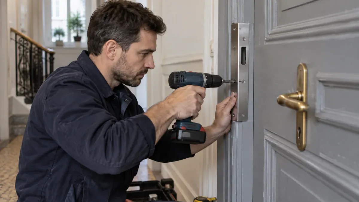 Serrurier renforçant la gâche d’une porte d’entrée