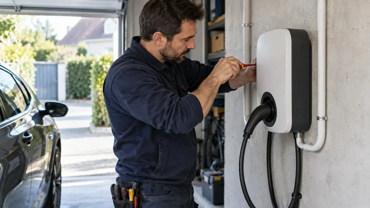 Électricien installant une borne de recharge murale dans un garage