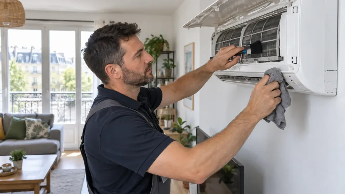 Climaticien nettoyant le filtre d’une unité murale dans un appartement