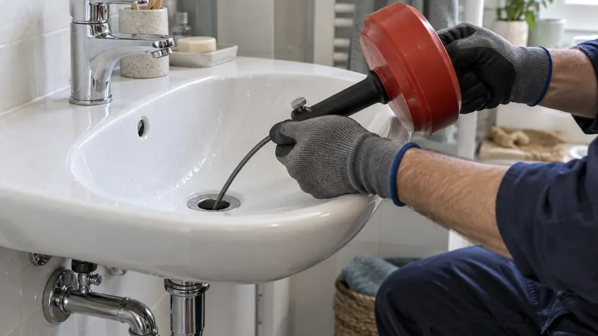 Plombier utilisant un furet manuel sur une évacuation sanitaire