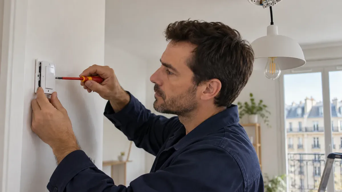 Électricien posant un interrupteur dans un logement