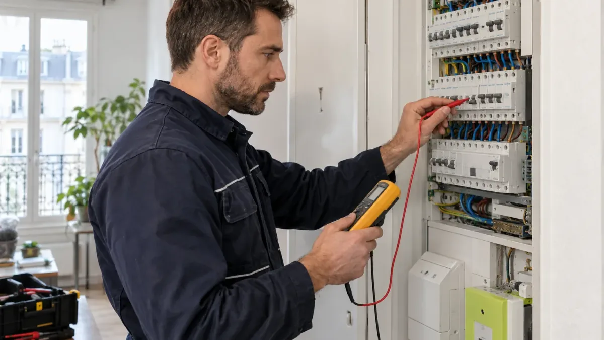 Électricien mesurant un tableau électrique résidentiel