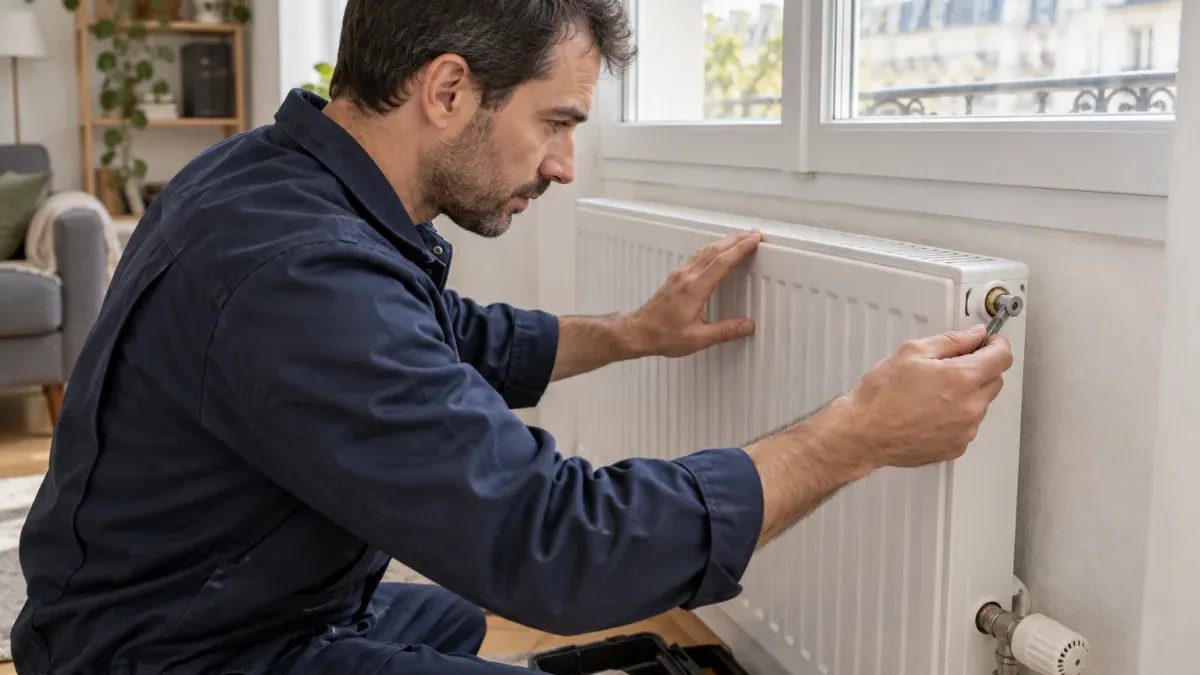 Chauffagiste contrôlant un radiateur sous une fenêtre