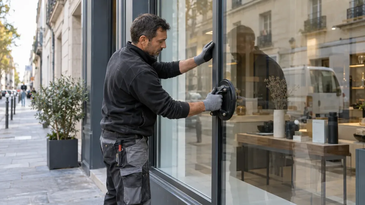 Vitrier réparant le vitrage d’une vitrine de commerce depuis le trottoir