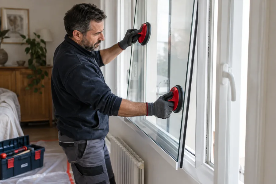 Vitrier installant un vitrage clair dans une fenêtre avec des ventouses