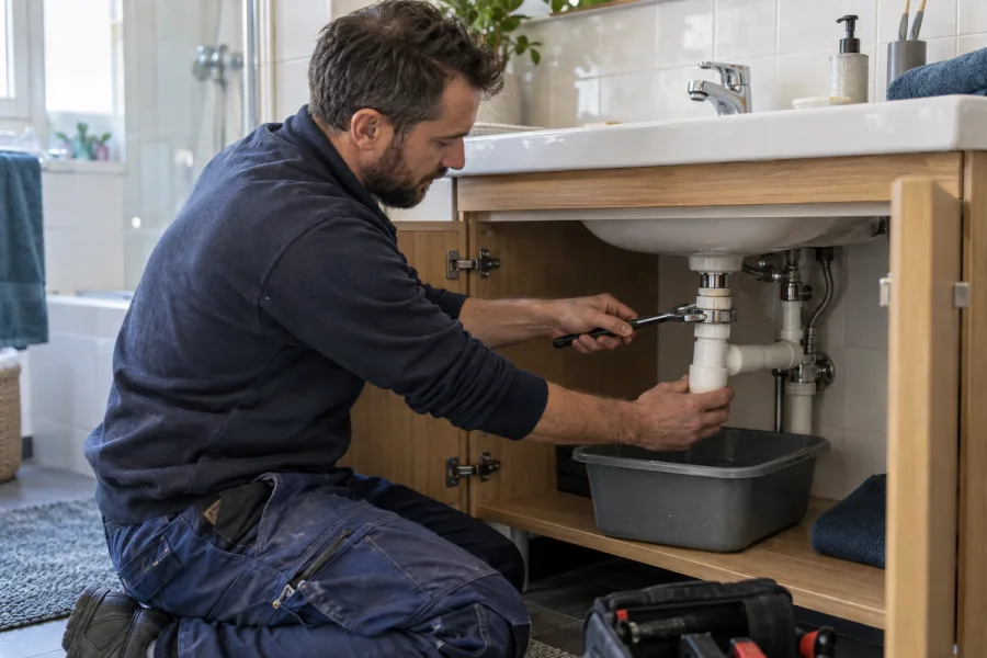 Plombier démontant le siphon d’un lavabo avec une clé à molette dans une salle de bains