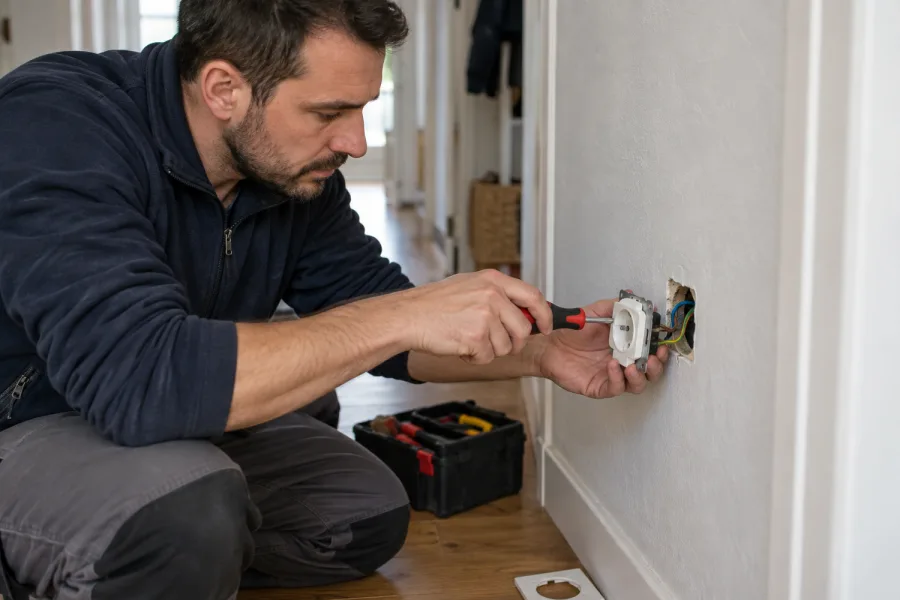 Électricien remplaçant une prise murale dans un appartement