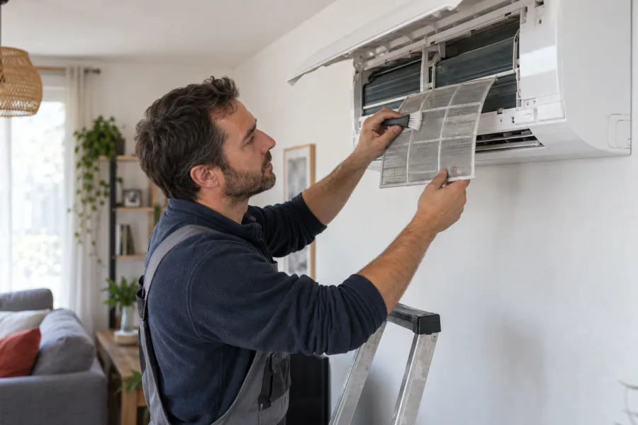 Climaticien nettoyant le filtre d’une unité murale dans un salon