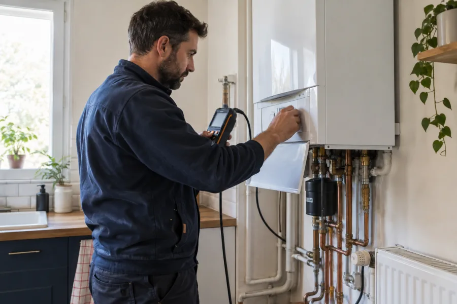 Chauffagiste inspectant une chaudière murale avec un appareil de diagnostic