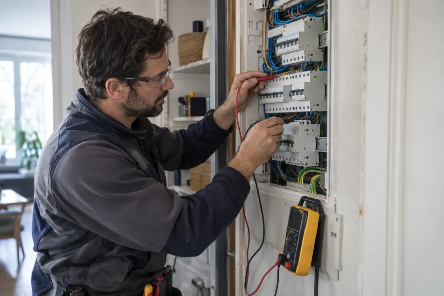 Électricien contrôlant un tableau électrique résidentiel avec un multimètre