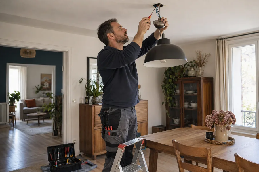 Électricien installant un luminaire au plafond avec des outils isolés