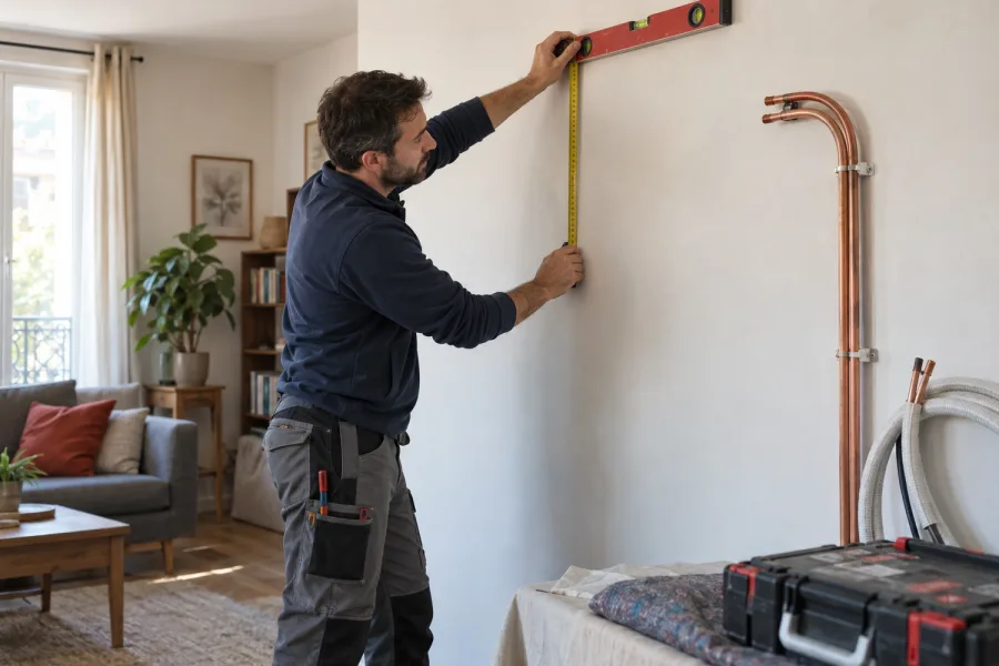 Climaticien mesurant l’emplacement d’une future installation murale