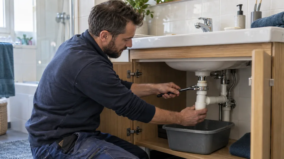 Plombier démontant le siphon d’un lavabo avec une clé à molette dans une salle de bains