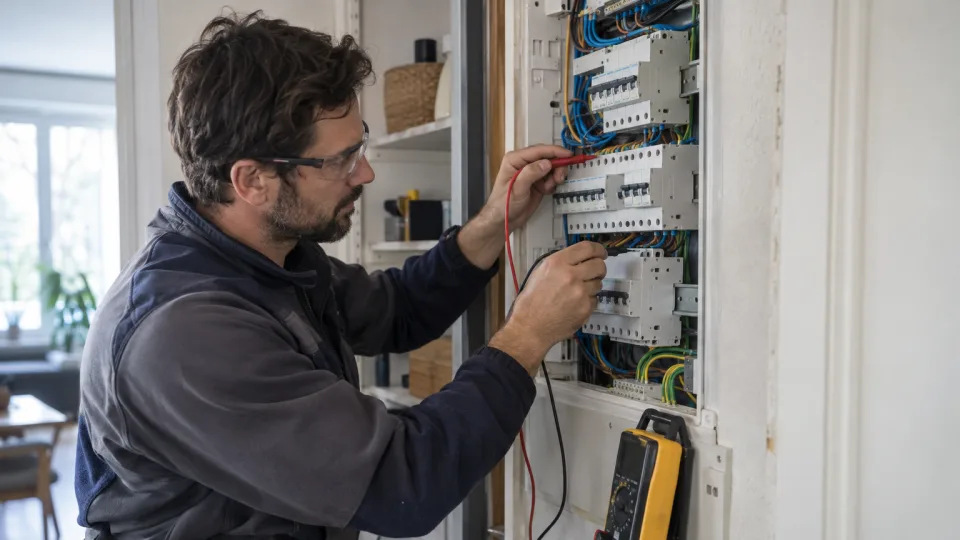 Électricien contrôlant un tableau électrique résidentiel avec un multimètre