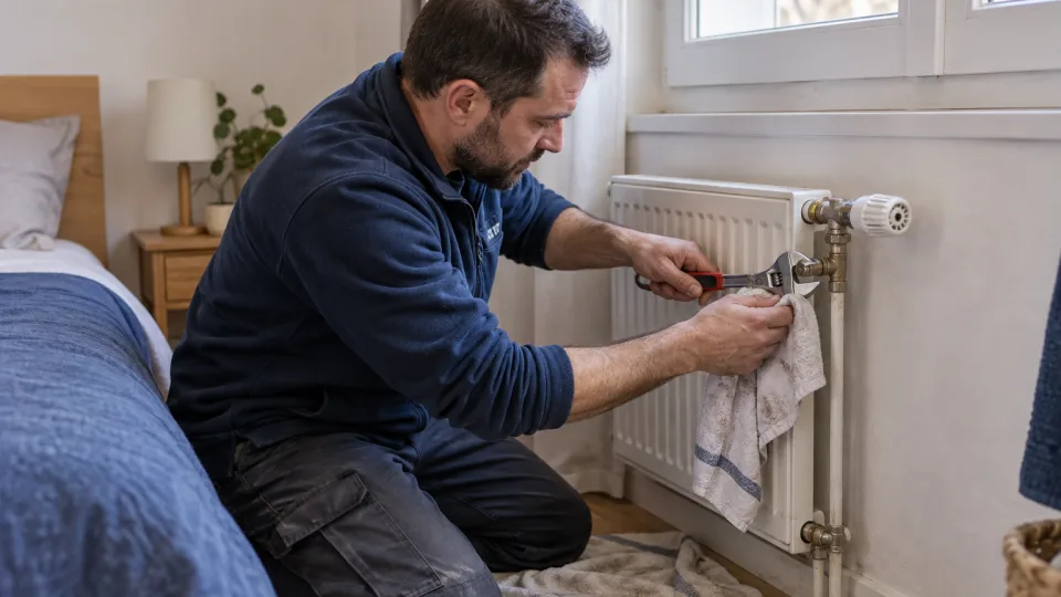 Chauffagiste vérifiant un raccord de radiateur avec une clé et un chiffon