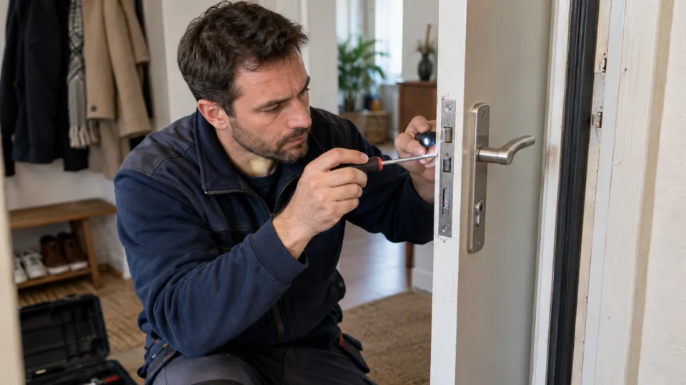 Serrurier inspectant la gâche d’une porte d’entrée avec une lampe et un tournevis
