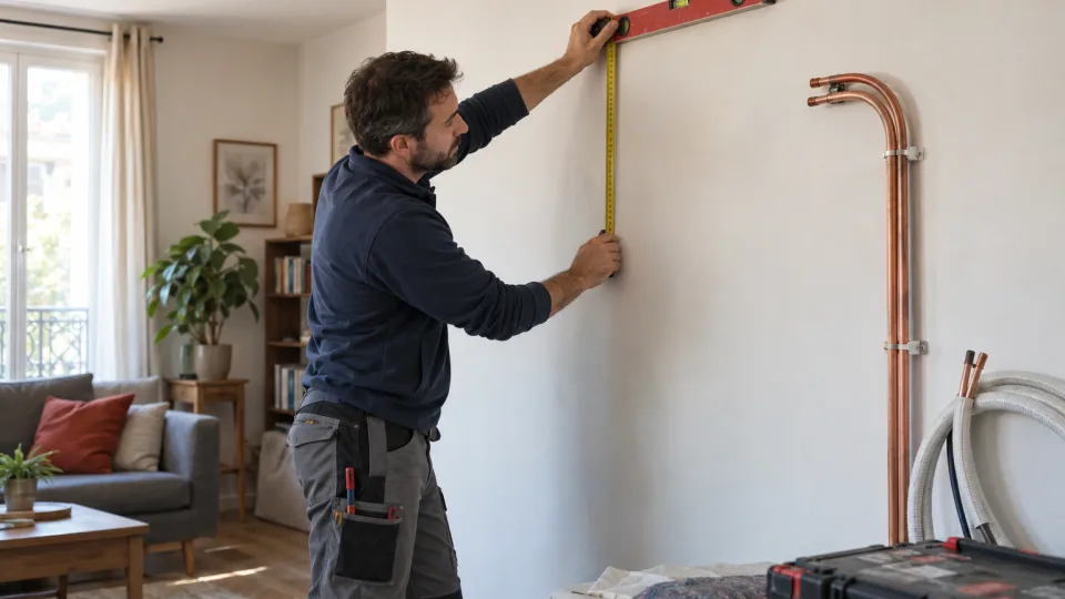 Climaticien mesurant l’emplacement d’une future installation murale