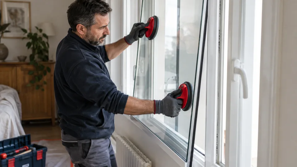 Vitrier installant un vitrage clair dans une fenêtre avec des ventouses