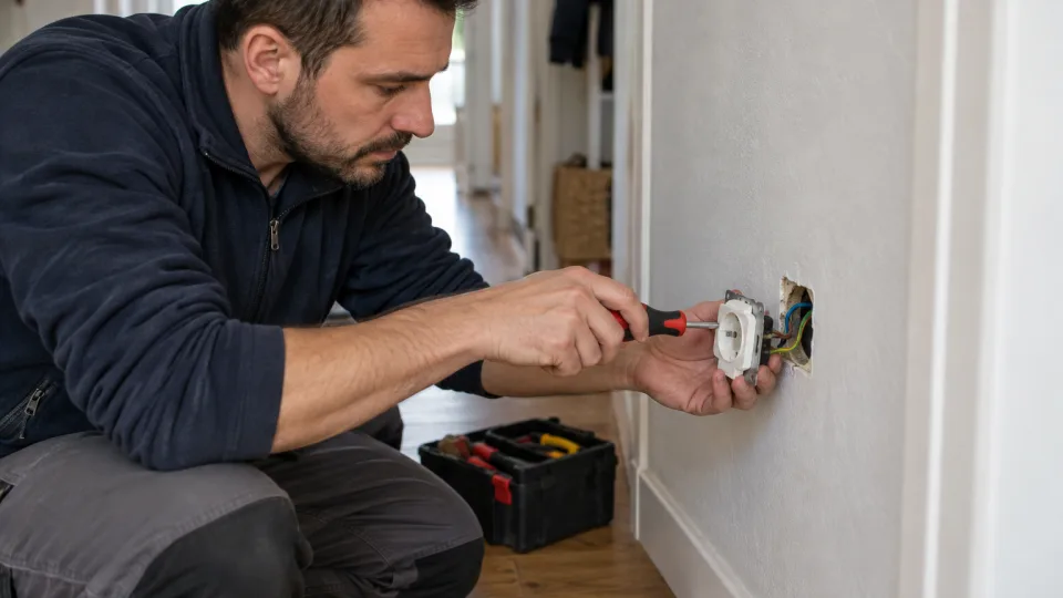 Électricien remplaçant une prise murale dans un appartement