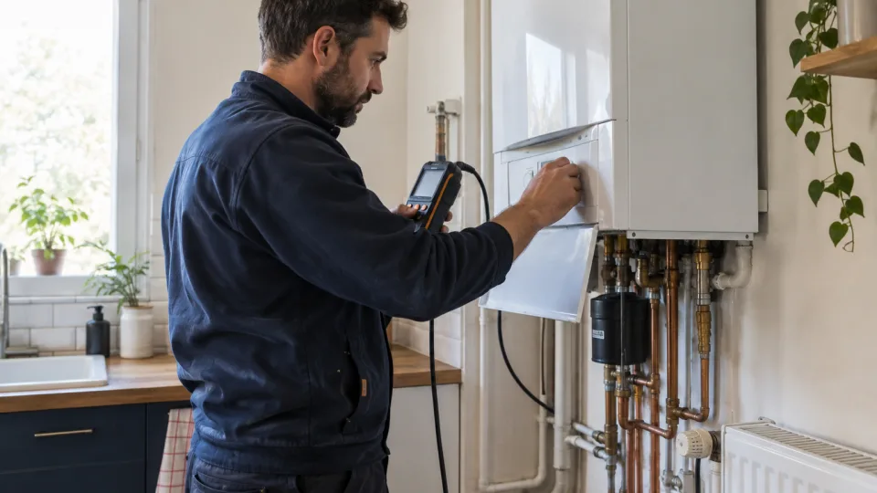 Chauffagiste inspectant une chaudière murale avec un appareil de diagnostic