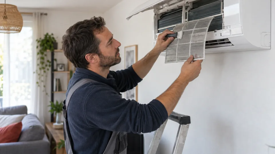 Climaticien nettoyant le filtre d’une unité murale dans un salon