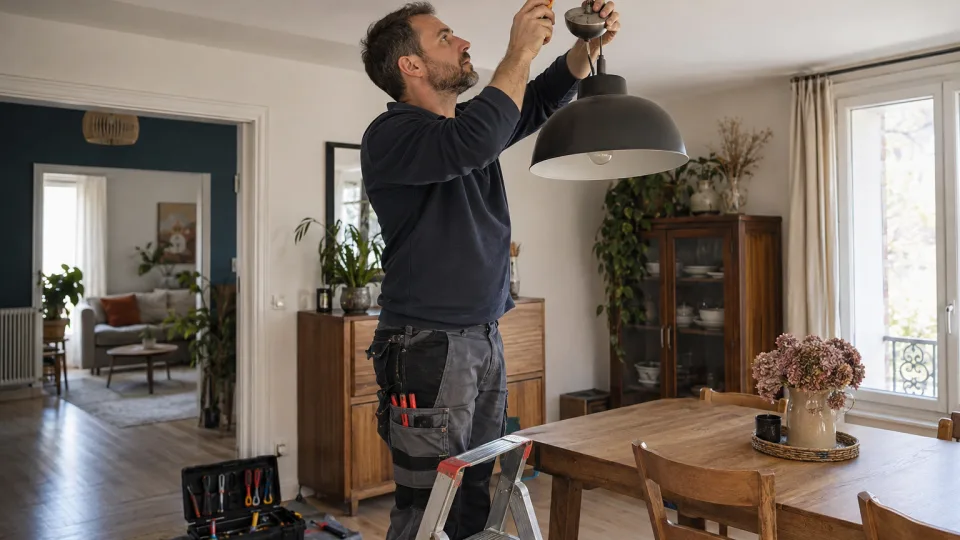 Électricien installant un luminaire au plafond avec des outils isolés