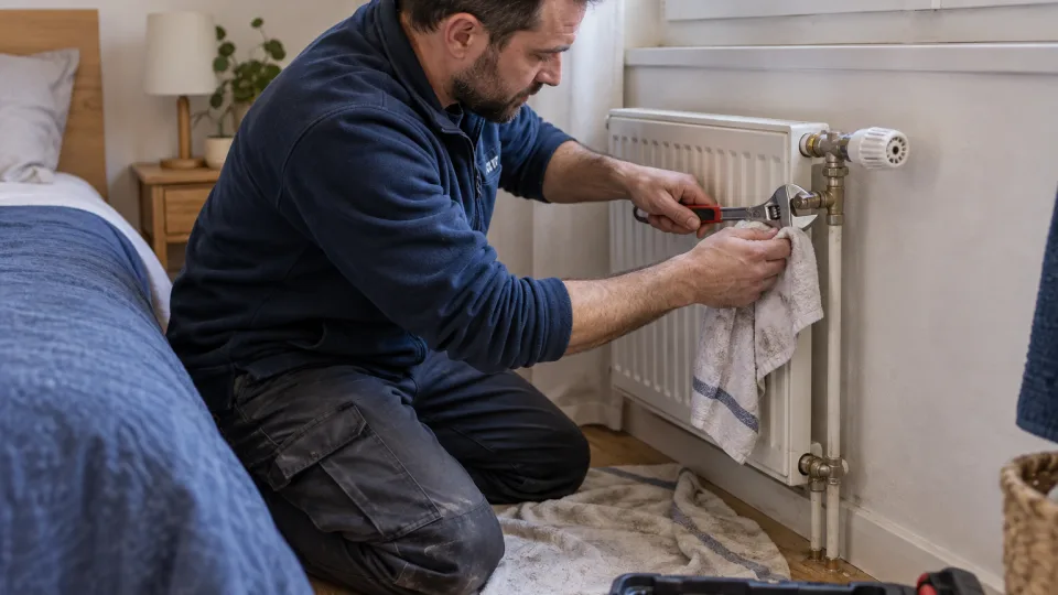 Chauffagiste vérifiant un raccord de radiateur avec une clé et un chiffon