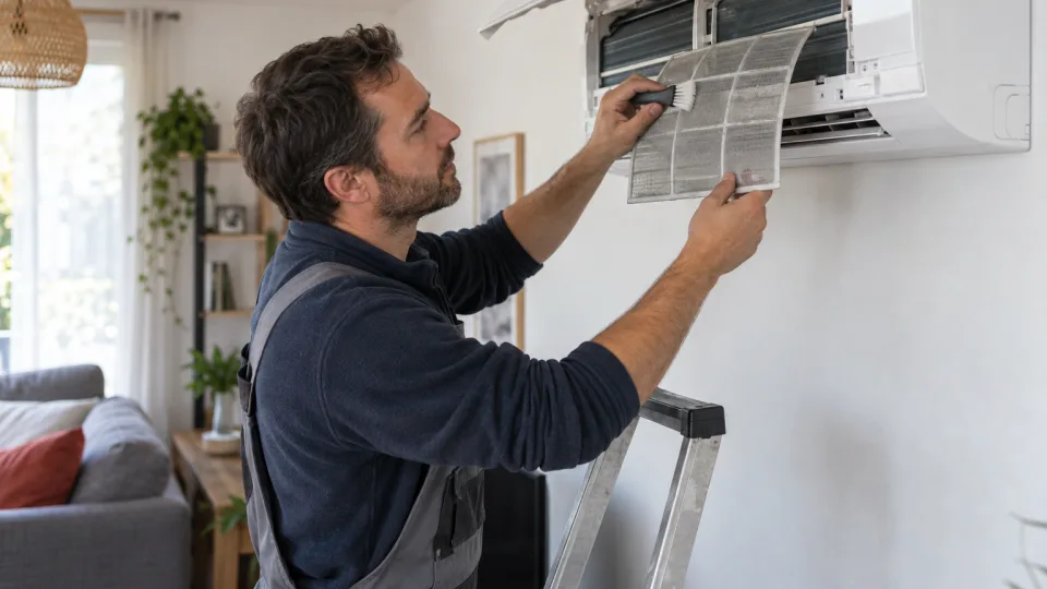 Climaticien nettoyant le filtre d’une unité murale dans un salon