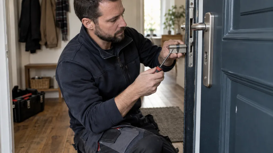 Serrurier ajustant le cylindre d’une porte d’entrée d’appartement