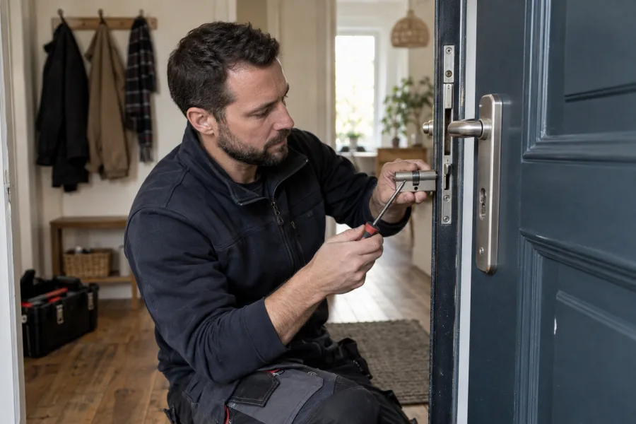 Serrurier ajustant le cylindre d’une porte d’entrée d’appartement
