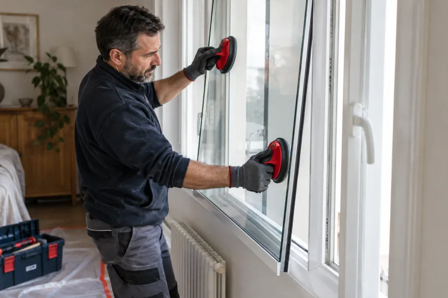Vitrier installant un vitrage clair dans une fenêtre avec des ventouses