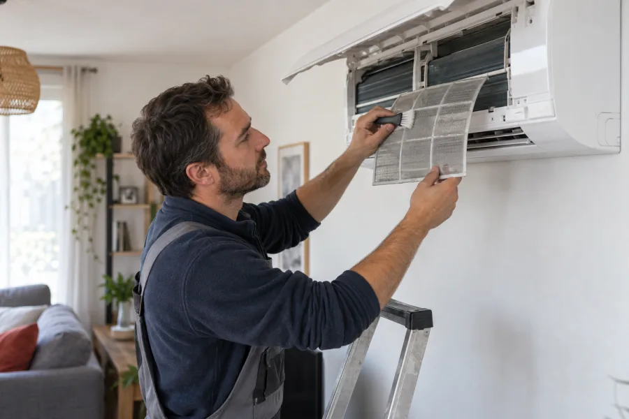 Climaticien nettoyant le filtre d’une unité murale dans un salon