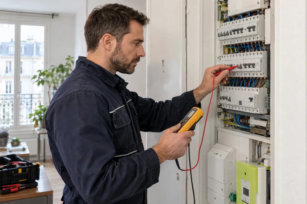 Électricien contrôlant un tableau électrique résidentiel avec un multimètre
