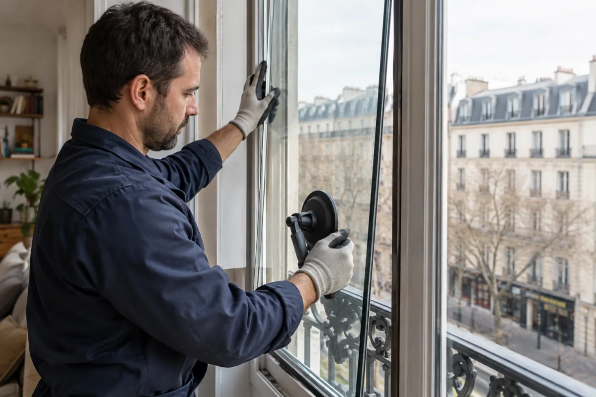 Vitrier installant un vitrage dans une fenêtre d’appartement