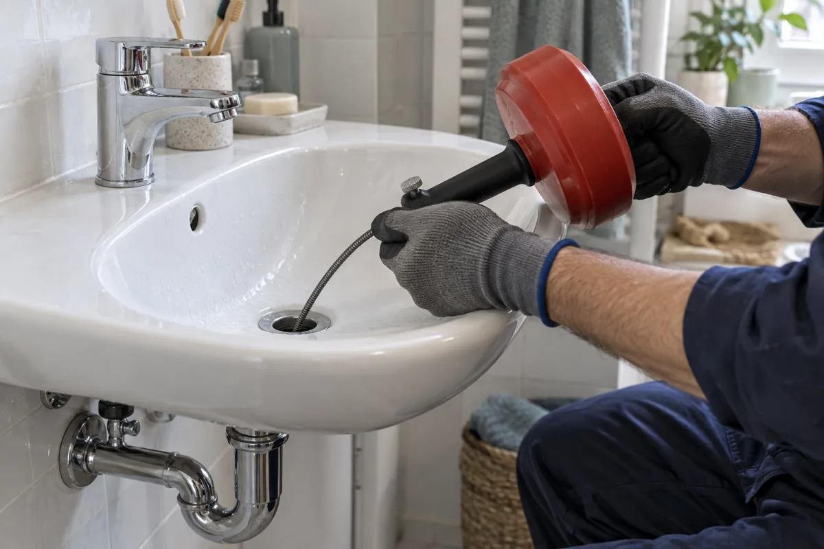 Plombier utilisant un furet manuel sur une évacuation sanitaire