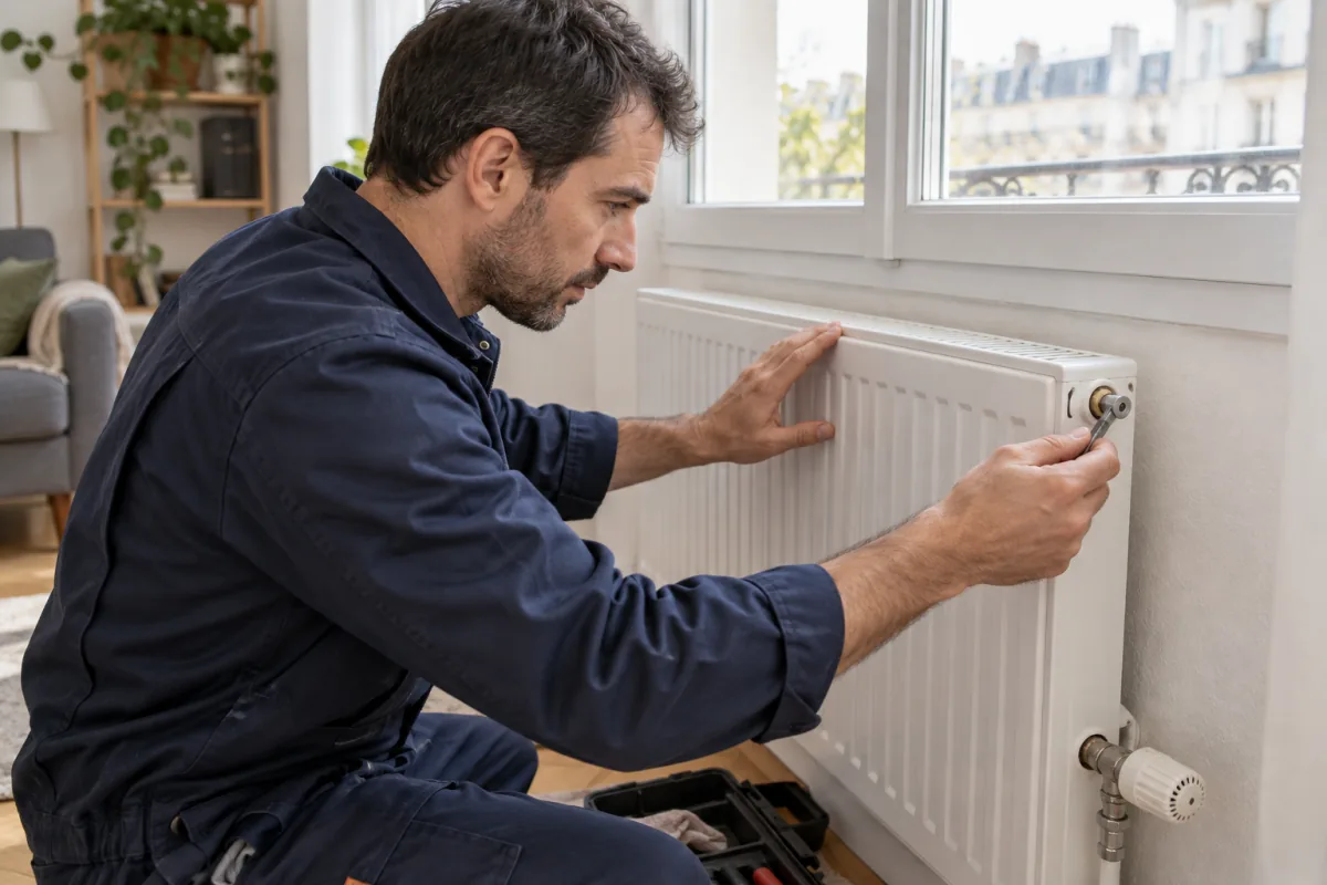 Chauffagiste vérifiant un radiateur sous une fenêtre