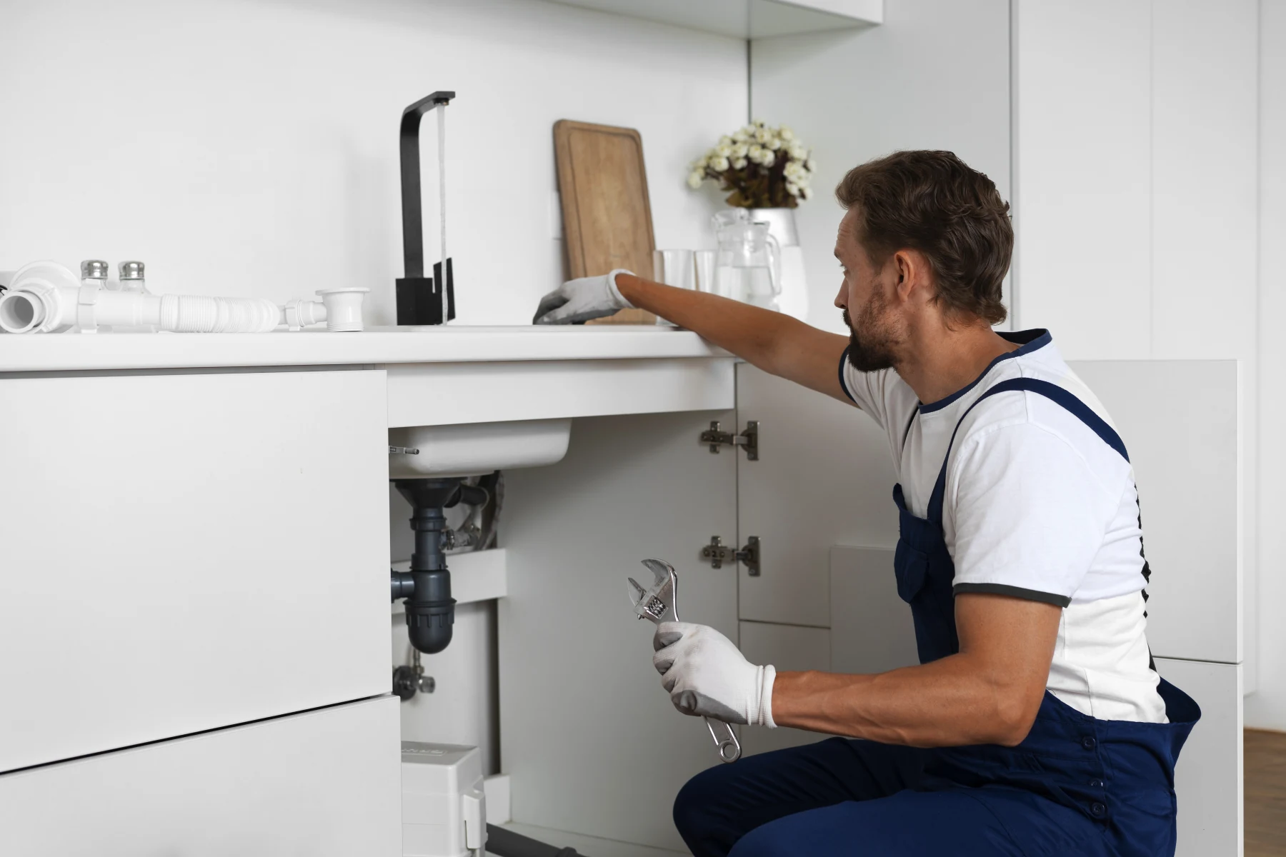 Plombier installant un lavabo et sa robinetterie dans un appartement