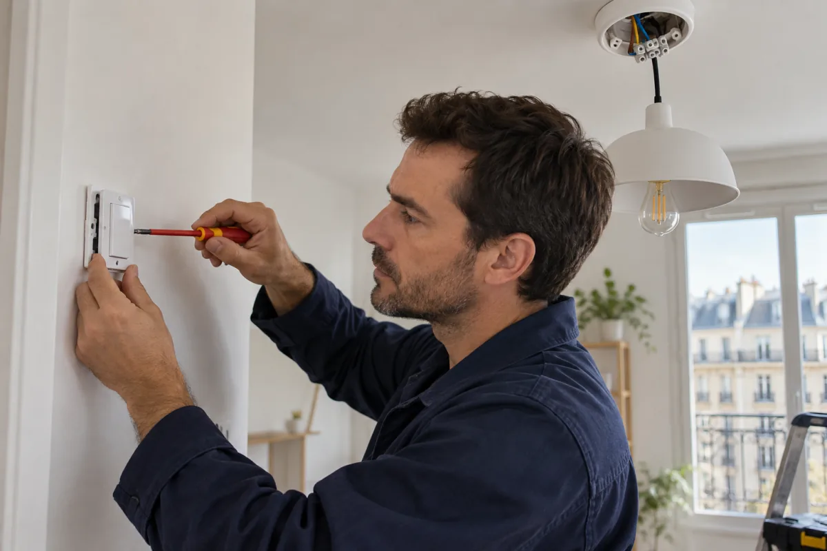 Électricien posant un interrupteur dans un logement