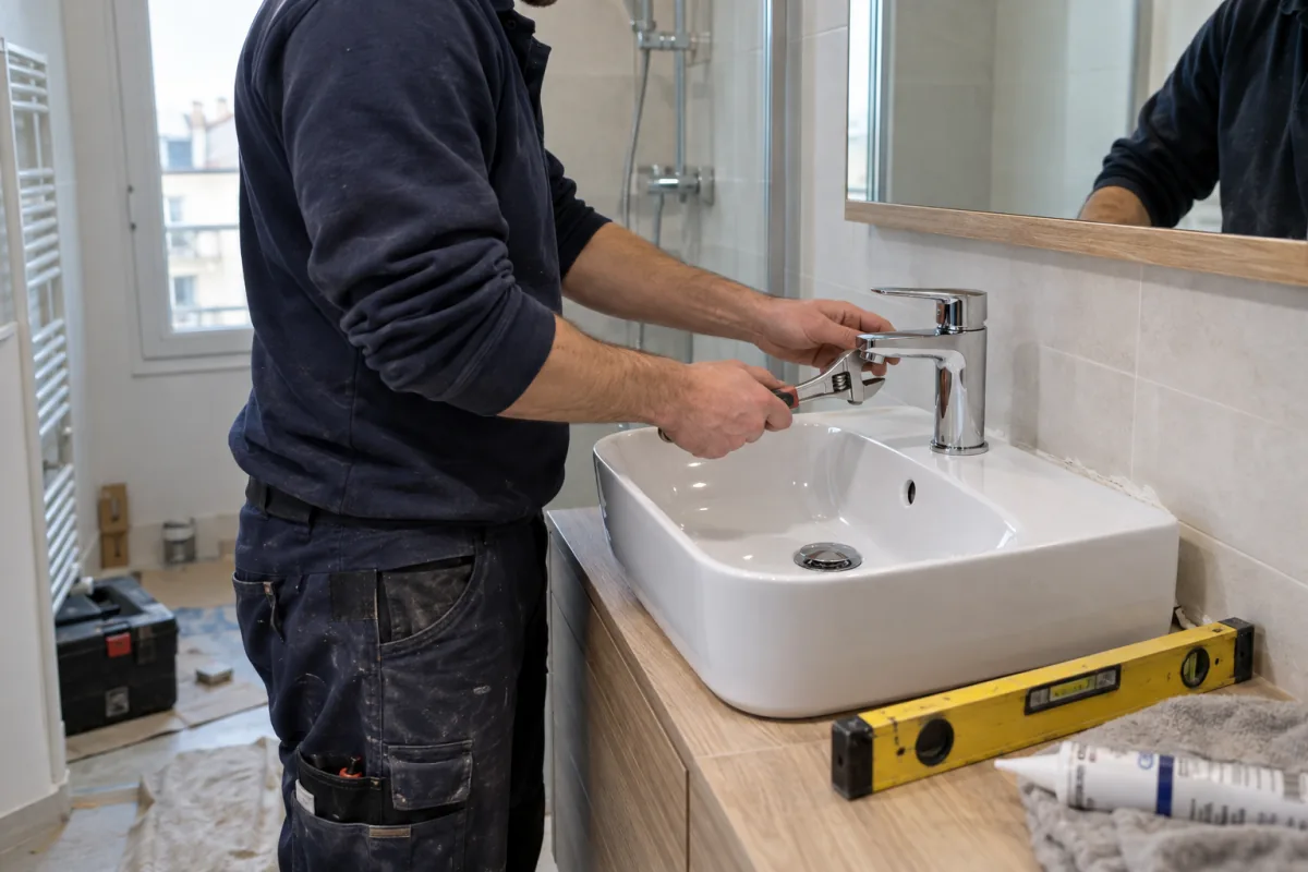 Plombier installant un lavabo et sa robinetterie dans un appartement