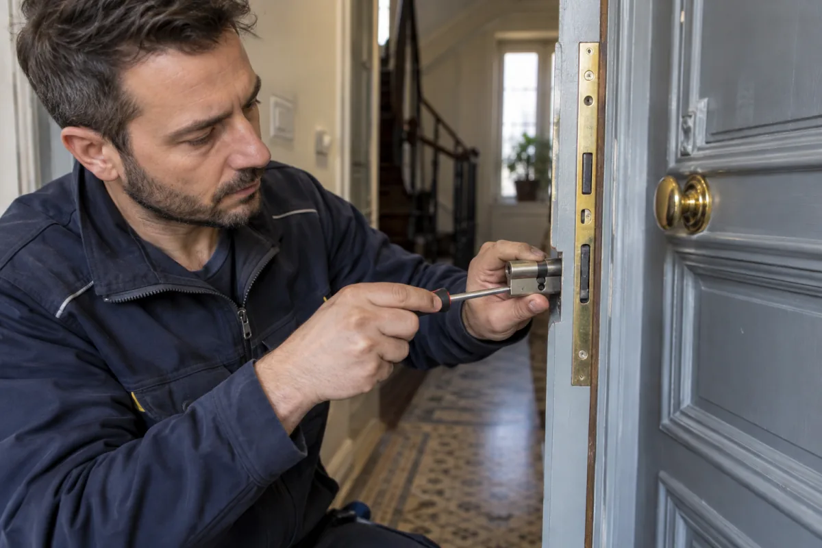 Serrurier ajustant le cylindre d’une porte d’entrée d’appartement