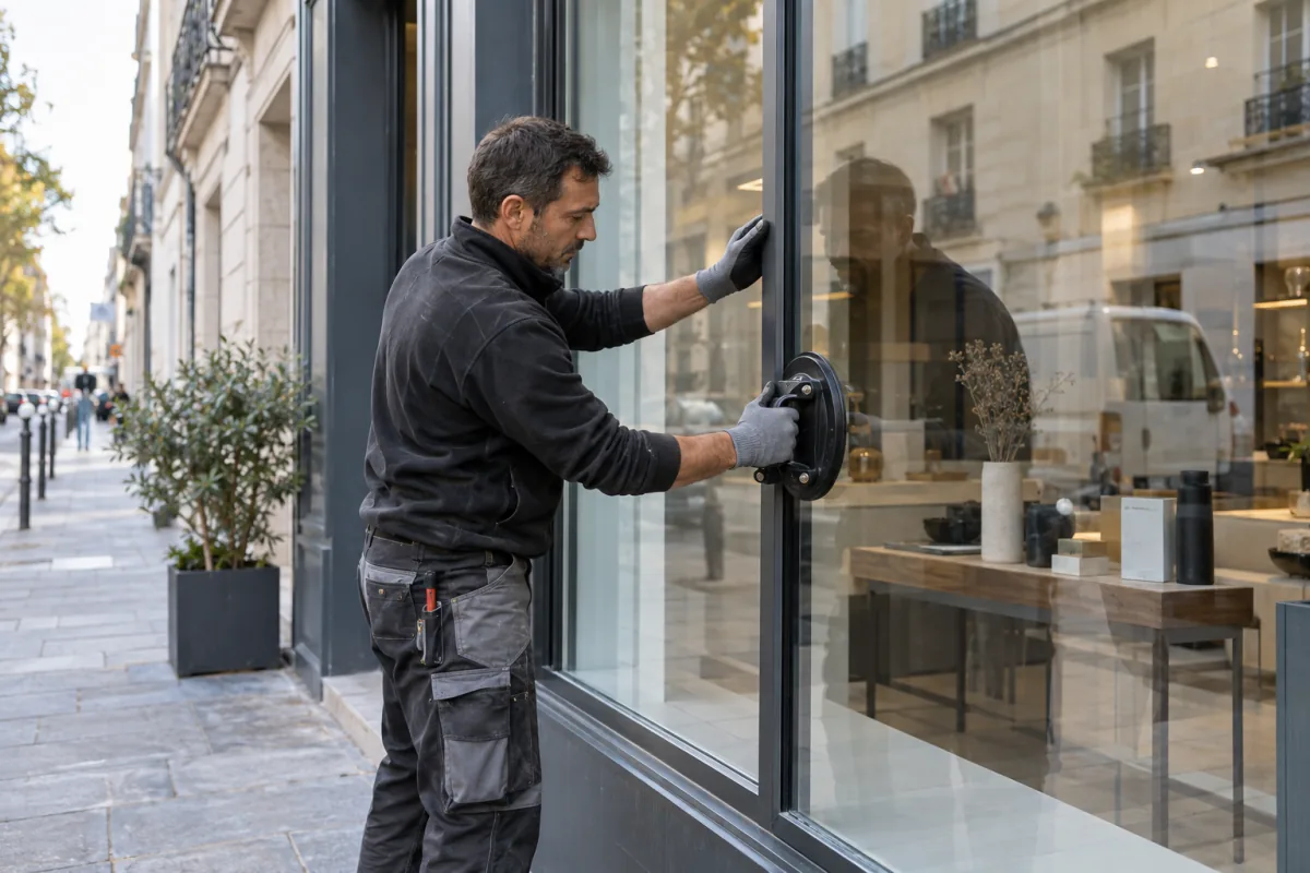 Vitrier réparant le vitrage d’une vitrine de commerce